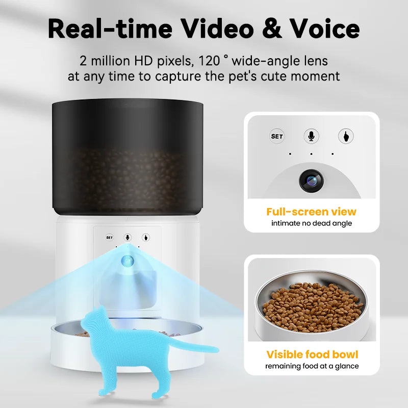 Smart Automatic Pet Feeder with HD Camera – APP-Controlled Cat & Dog Food Dispenser, 3L Capacity, Night Vision, Voice Call, Dual Power