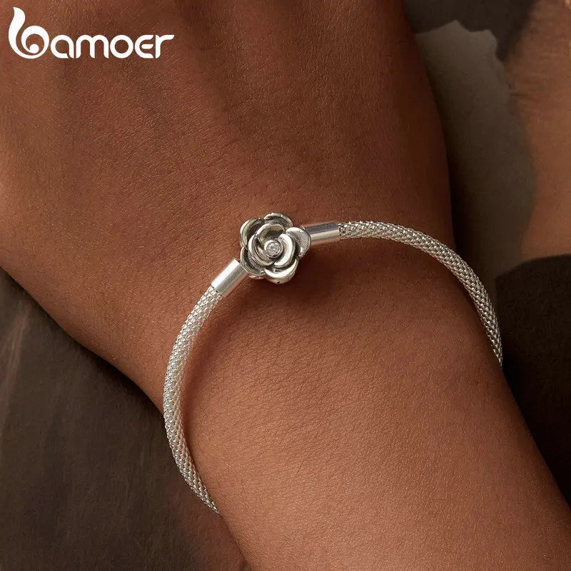 Sterling Silver Rose Buckle Charm Bracelet – 925 Silver Classic DIY Bead Chain for Women, 17CM/19CM/21CM