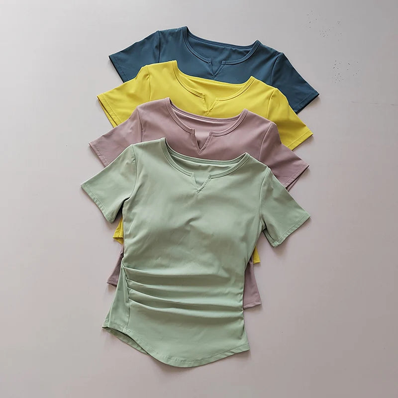 V-Neck Yoga Training Top – Women's Short Sleeve Tie-Front Gym Shirt with Built-In Bra