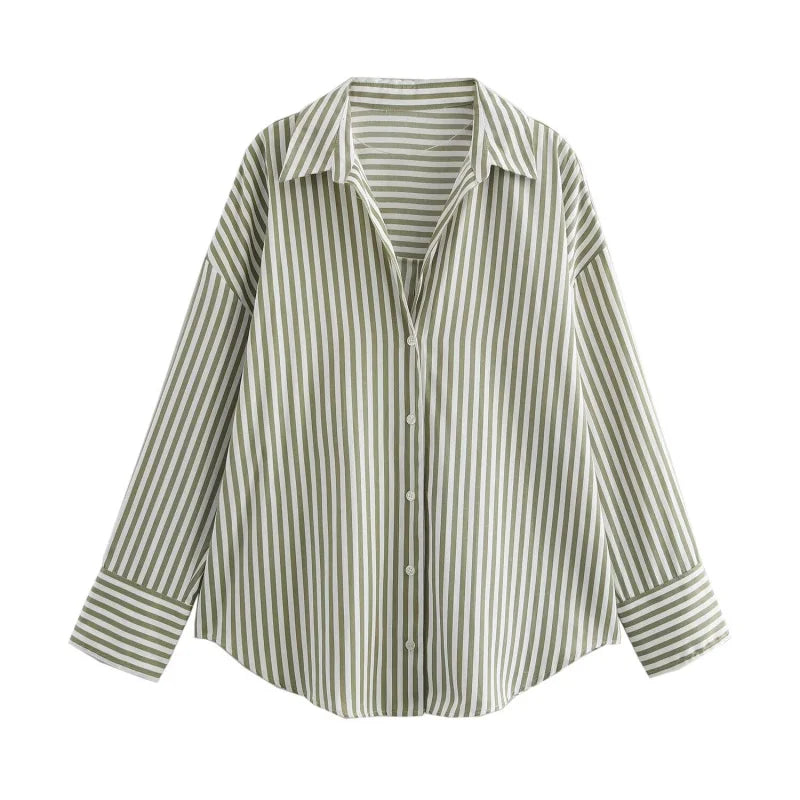 Women's Striped Poplin Button-Down Shirt – Loose Fit, Long Sleeve, Casual Lapel Top
