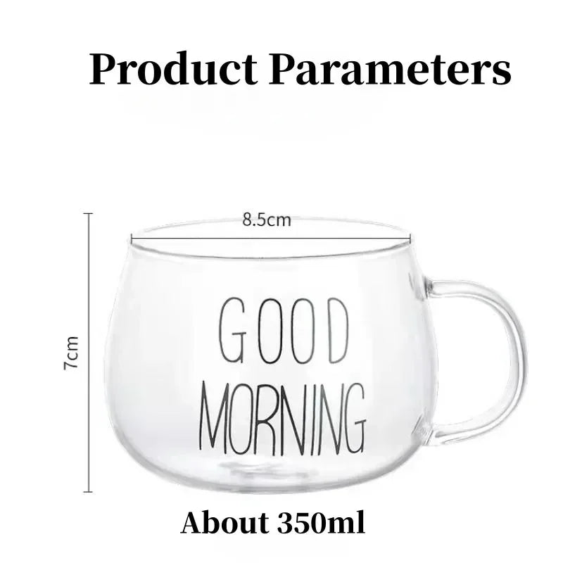 350ml Transparent Letter-Printed Glass Mug – Heat-Resistant Borosilicate Coffee, Tea, or Milk Cup with Handle