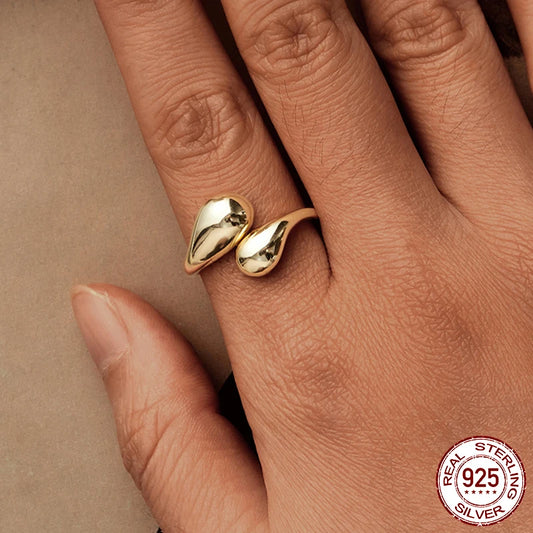 Chunky Gold Water Droplet Statement Ring – Adjustable 925 Sterling Silver Thumb Band for Women