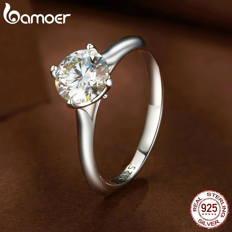 1.0CT D Color Moissanite Engagement Ring – Round Cut VVS1 Stone in 925 Sterling Silver Prong Setting