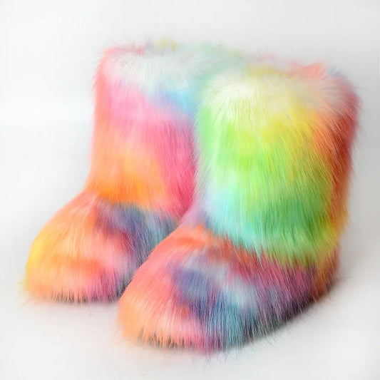 Women's Faux Fur Winter Snow Boots – Fluffy Plush Mid-Calf Slip-On Boots with Flat Sole for Cold Weather Comfort