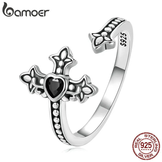 Sterling Silver Faith Cross Open Ring with Black Zircon – Vintage Statement Adjustable Ring for Women