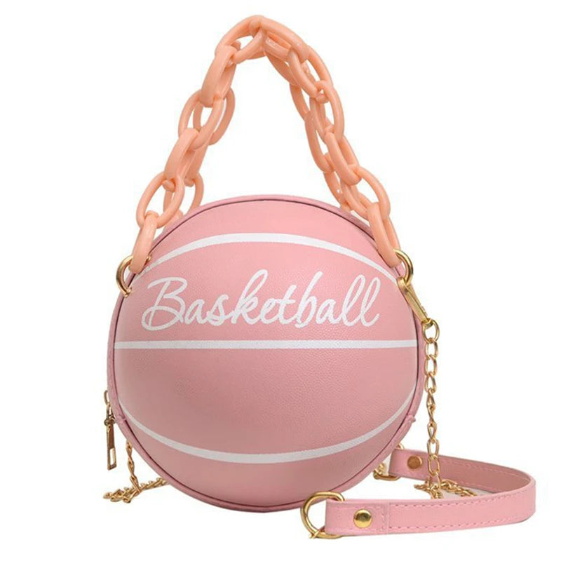Women's Round Basketball Handbag – PU Leather Crossbody Bag with Zipper Closure & Cartoon Letter Detail