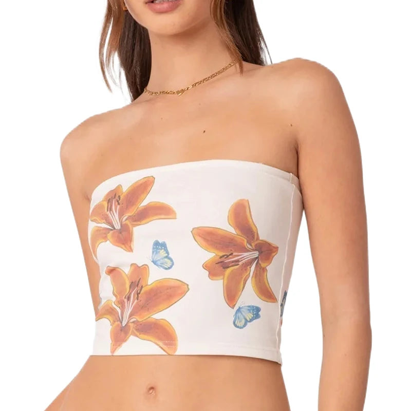 Women's Y2K Floral Bow Print Tube Top – Off Shoulder Wrap Chest Mini Vest for Summer Fairy Grunge Streetwear