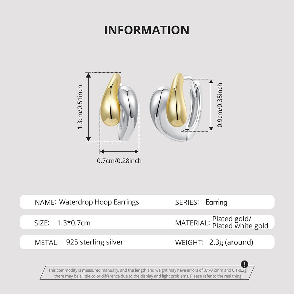 Two-Tone Waterdrop Hoop Earrings – 14K Gold & 925 Sterling Silver Chunky Twisted Link Style for Women