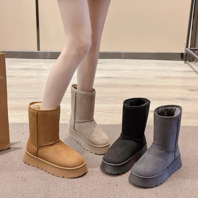 Winter Thick-Soled Mid-Calf Snow Boots with Fleece Lining – Slip-On Round Toe Cotton Shoes