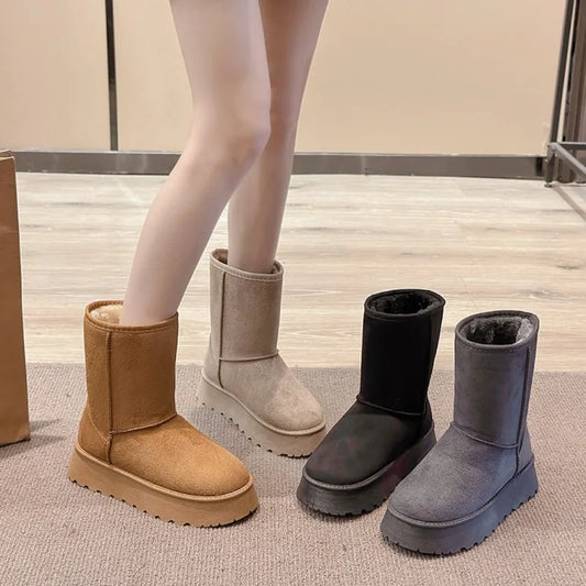 Winter Thick-Soled Mid-Calf Snow Boots with Fleece Lining – Slip-On Round Toe Cotton Shoes