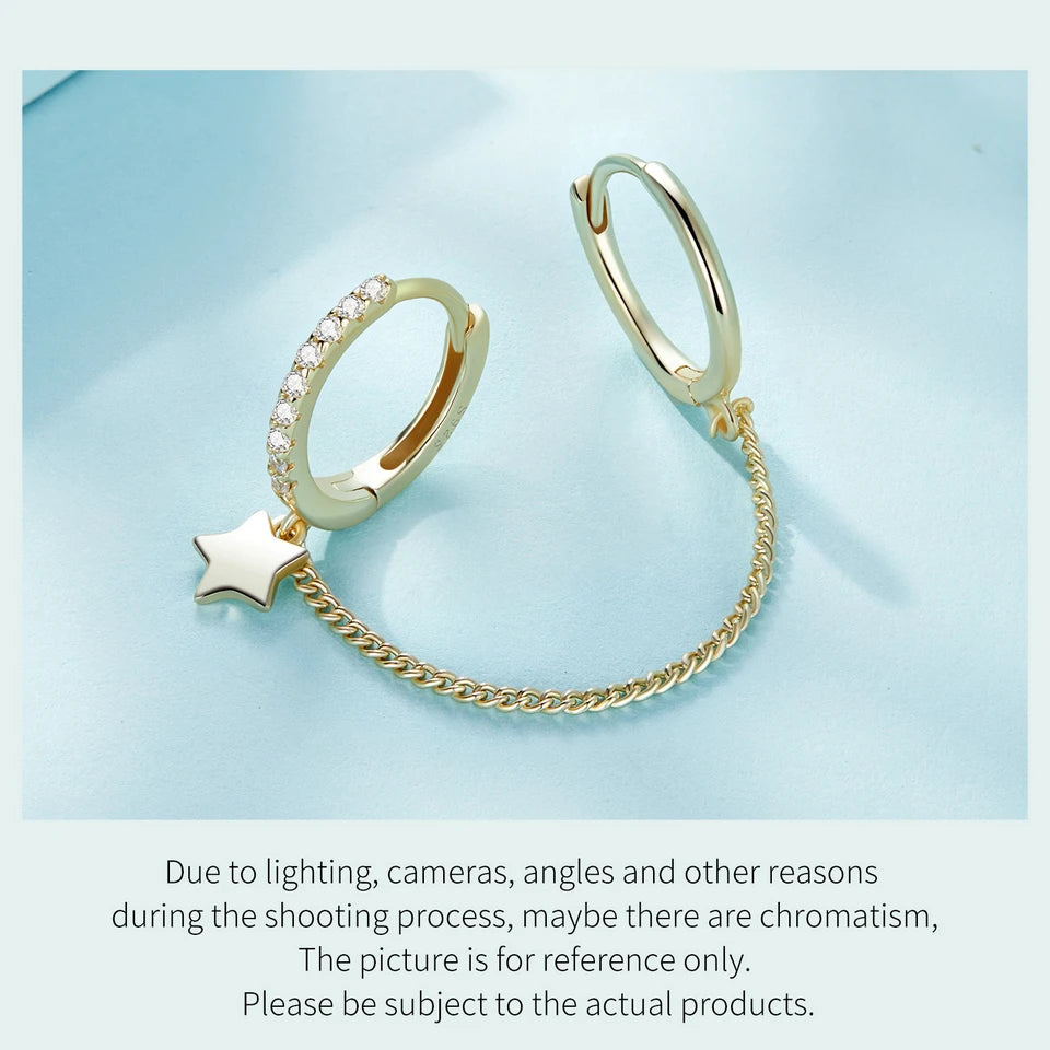 Sterling Silver Mono Double Hoop Chain Earring – Star Statement Design for Women & Teen Girls (Single Piece)