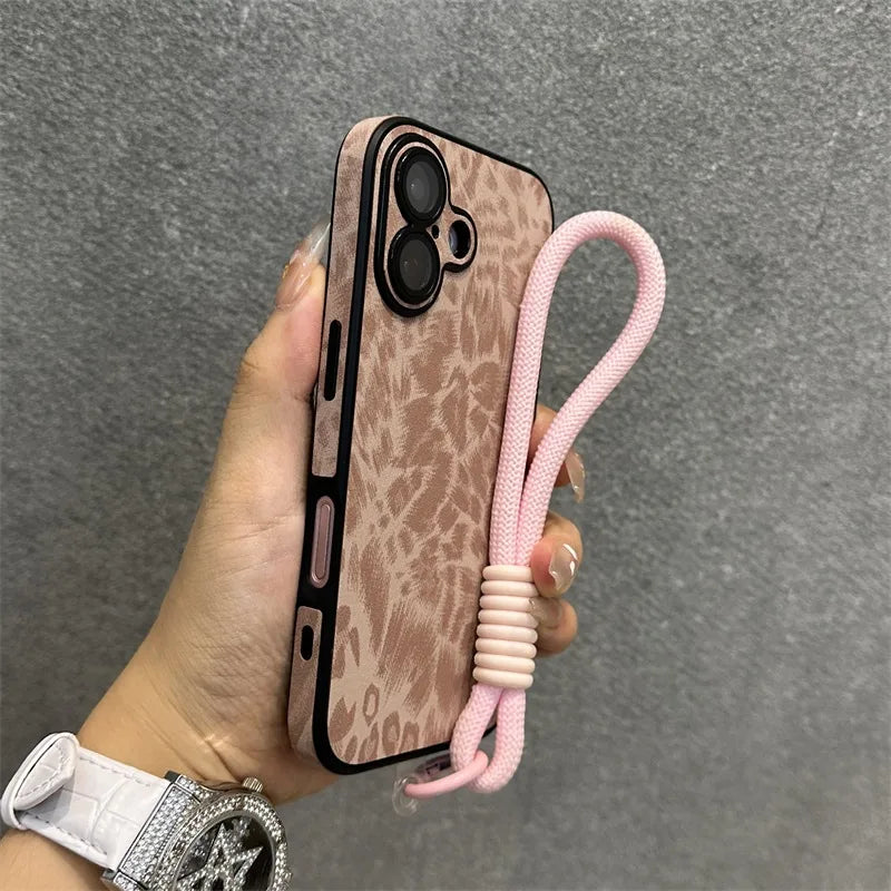 Cartoon Leopard Print Leather Case for iPhone 11/12/13/14/15/16 Series – Matte Cover with Wrist Strap, Lanyard, and Camera Lens Protection