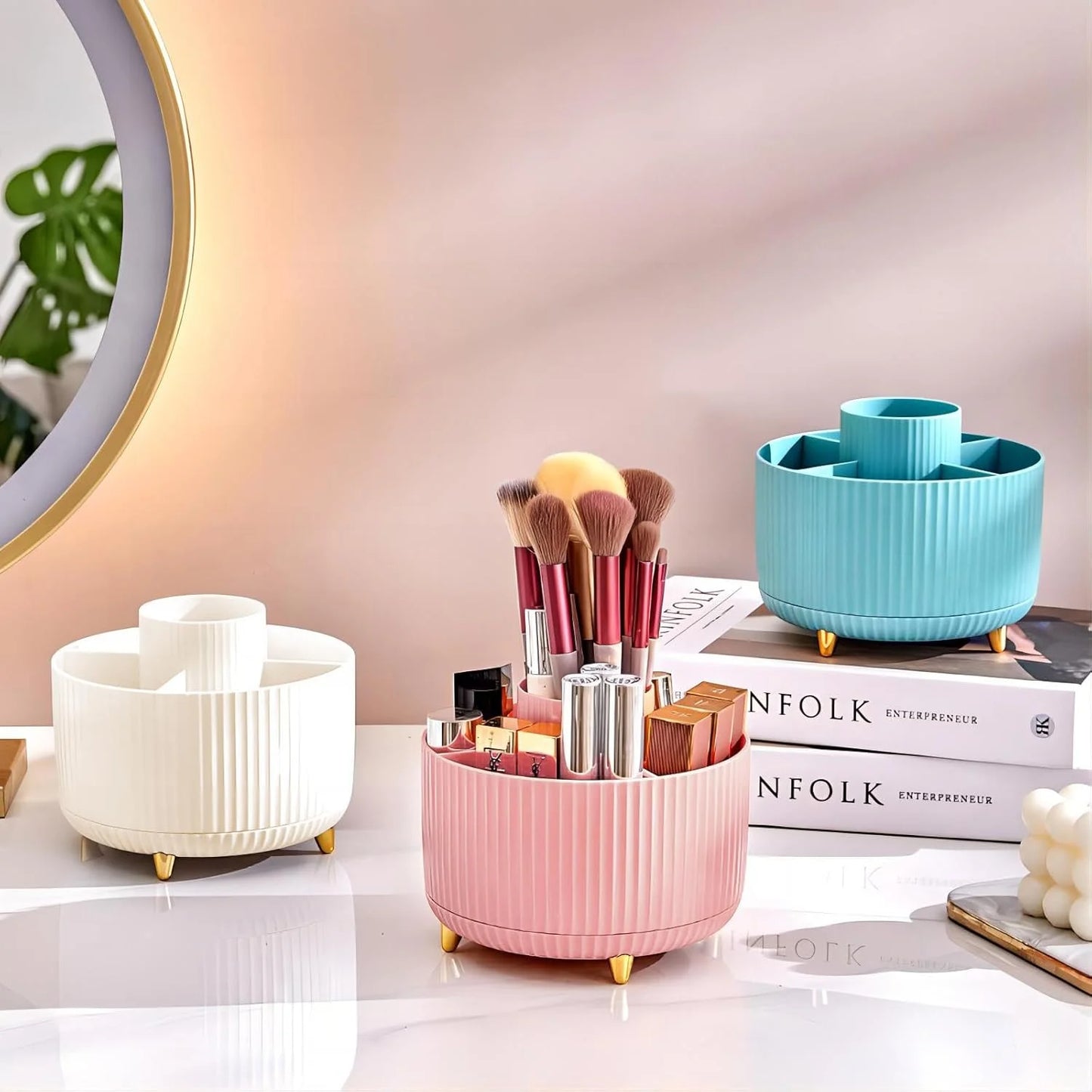 360° Rotating Makeup Organizer Box – Multi-Compartment Brush & Lipstick Holder with Vertical Stripe Design