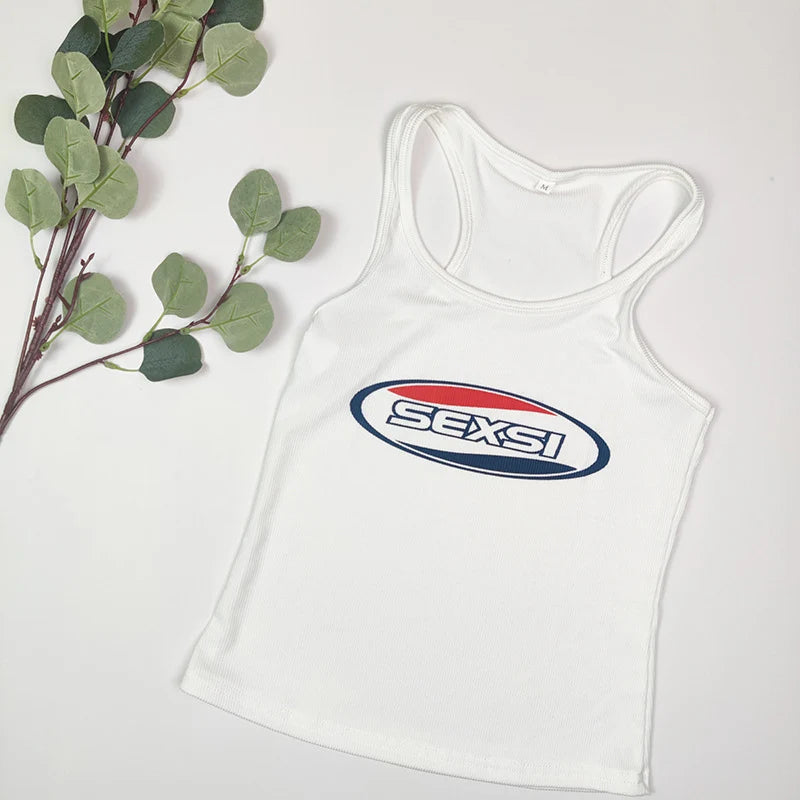 Women's Y2K White Letter Print Tank Top – Coquette Gyaru Style Thin Strap Crop Top for Summer High Street Fashion