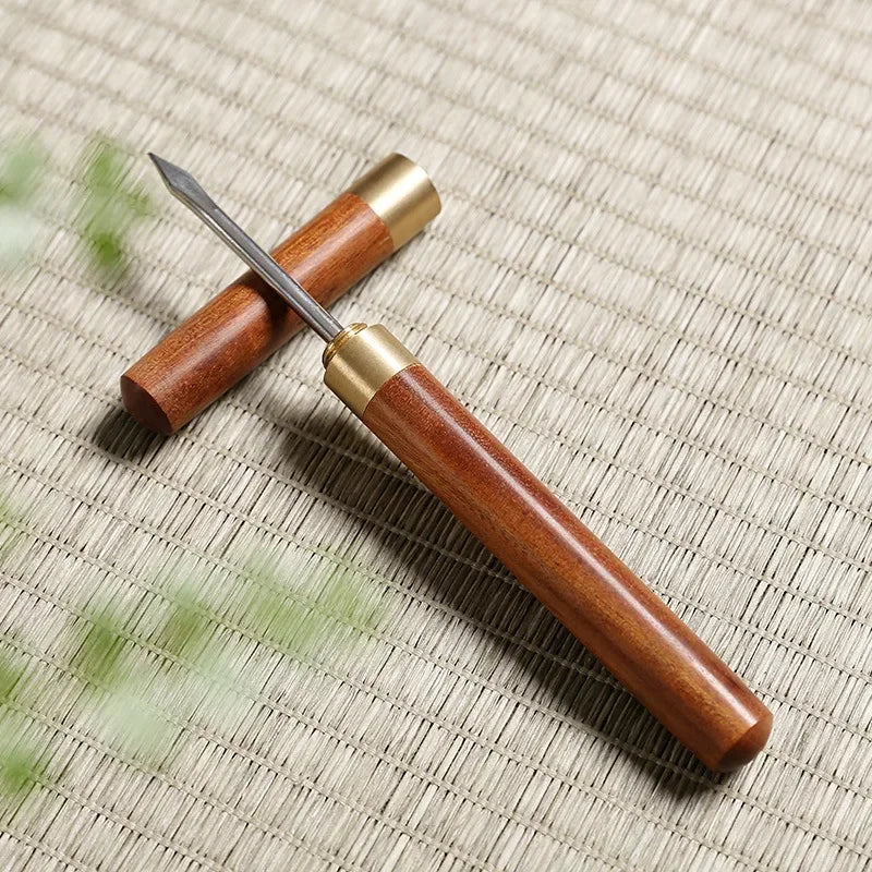 Stainless Steel Tea Needle with Sandalwood or Ebony Handle – Pu’er Tea Knife with Protective Sheath for Loosening Compressed Tea Cakes