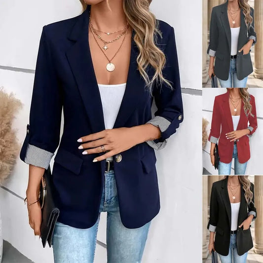 Women's Slim Fit Casual Suit Jacket – Button-Up Blazer with 3/4 Rolled Sleeves