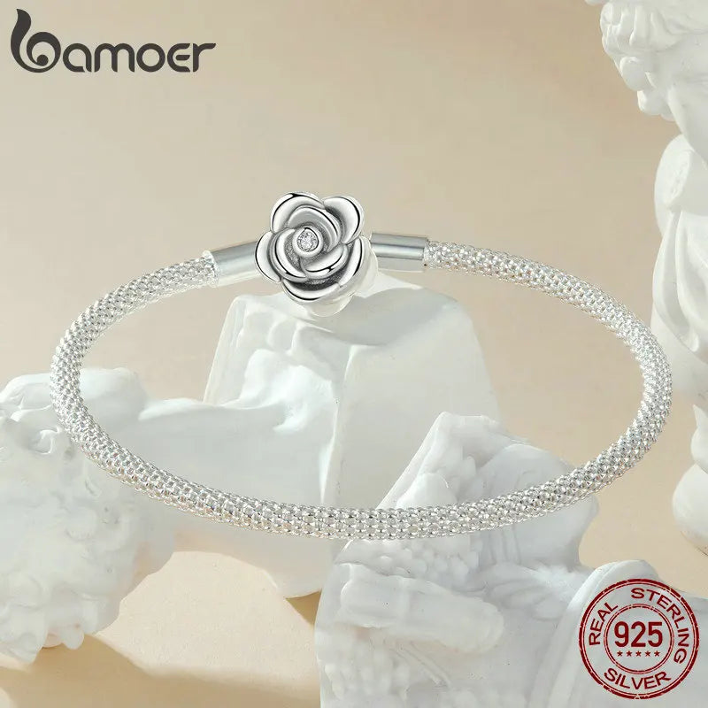 Sterling Silver Rose Buckle Charm Bracelet – 925 Silver Classic DIY Bead Chain for Women, 17CM/19CM/21CM