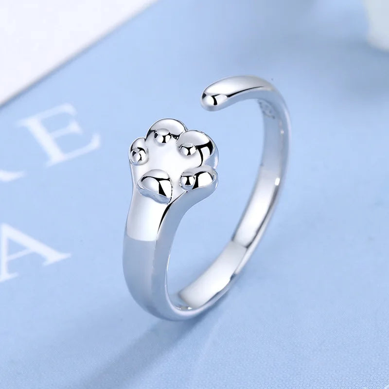 925 Sterling Silver Adjustable Cat Paw Ring for Women – Trendy Animal-Inspired Open Ring for Everyday or Party Wear