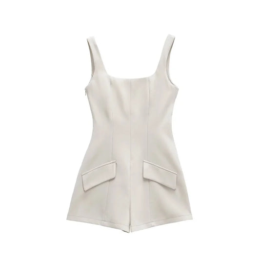 Women's Preppy A-Line Square Neck Rompers – Sleeveless Short Playsuit with Pockets for Summer