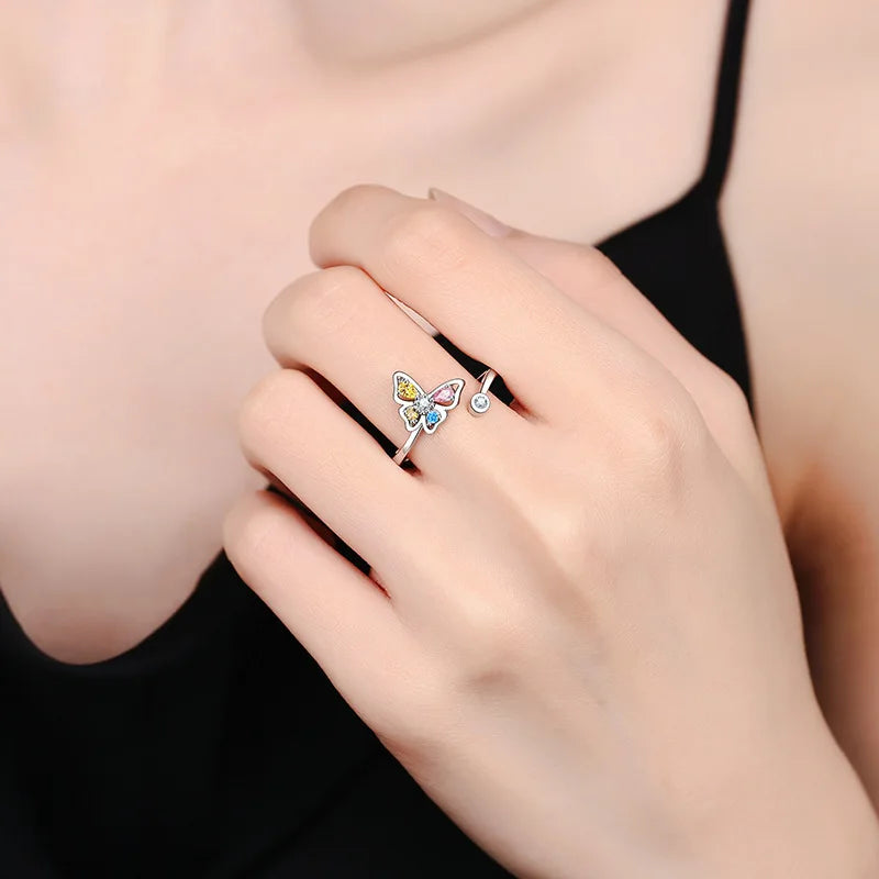 Vintage 925 Sterling Silver Adjustable Butterfly Ring with Zircon – Elegant Open Insect-Inspired Cocktail Ring for Women