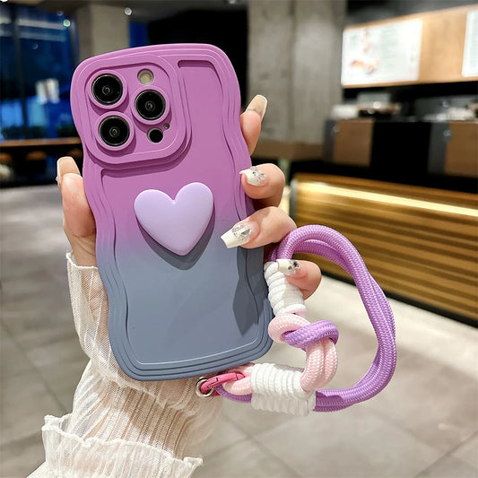 Cartoon Love Heart Gradient Case with Lanyard for iPhone 16/15/14/13/12/11/X/8/7 – Soft Wave Edge Wrist Strap Cover