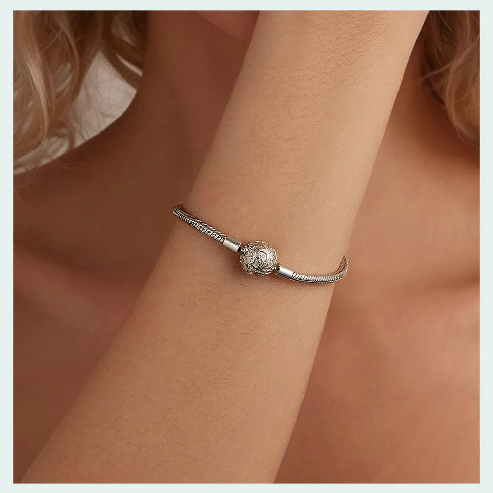 Sterling Silver Snake Chain Charm Bracelet with Retro Clasp – Adjustable 17–19cm Gift for Women