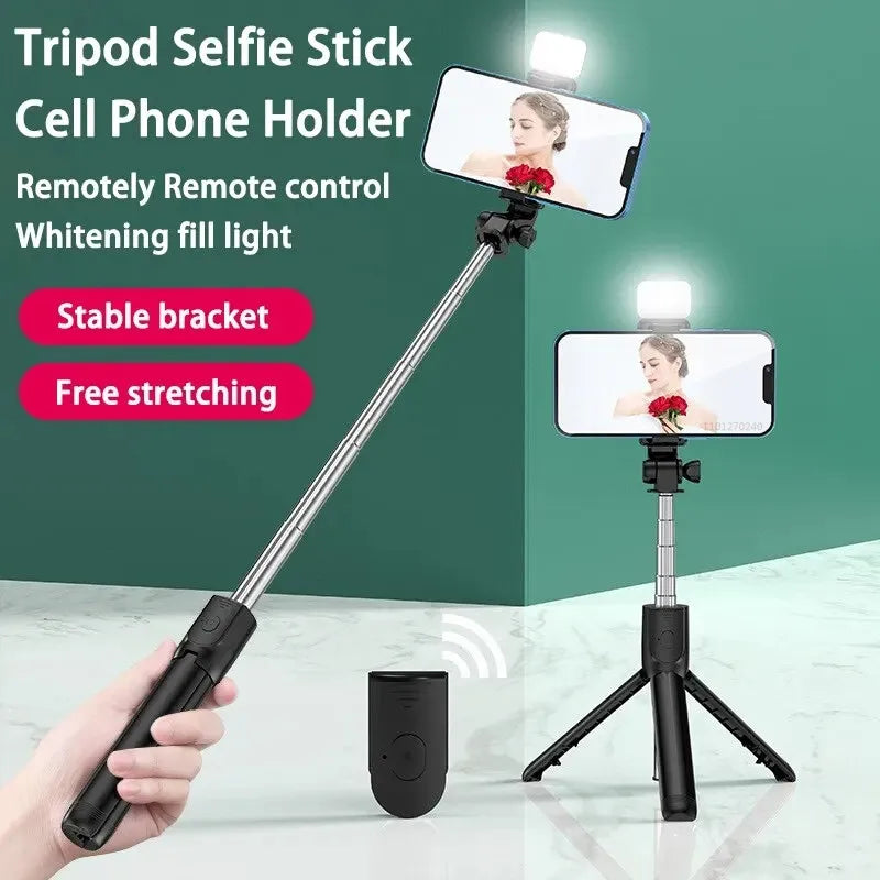 Wireless Bluetooth Selfie Stick with Fill Light – Mini Tripod Stand, Remote Shutter, Adjustable Phone Holder for iPhone, Samsung, Xiaomi