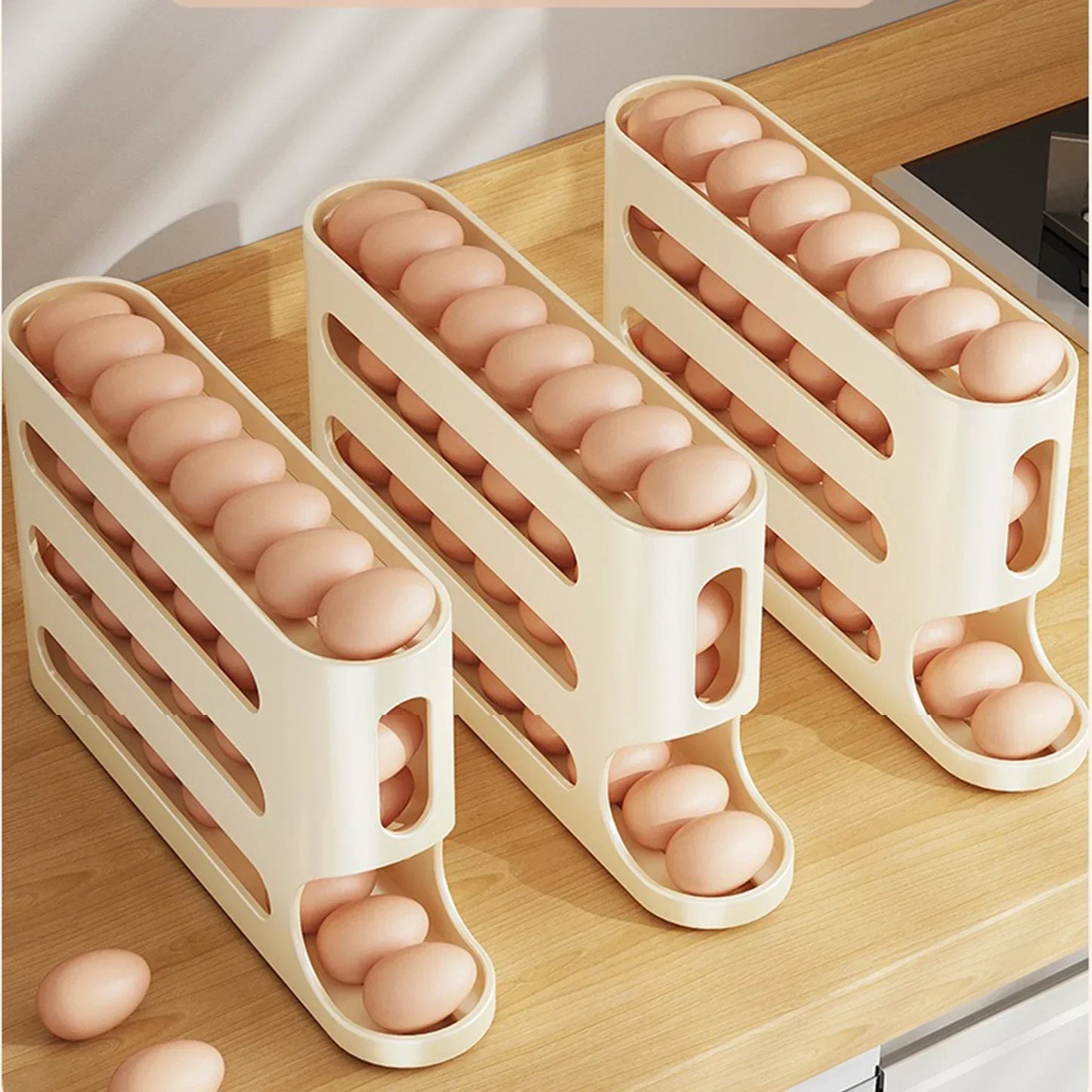 2–4-Layer Sliding Egg Storage Box – Ladder Style Refrigerator Organizer with Automatic Rolling Design