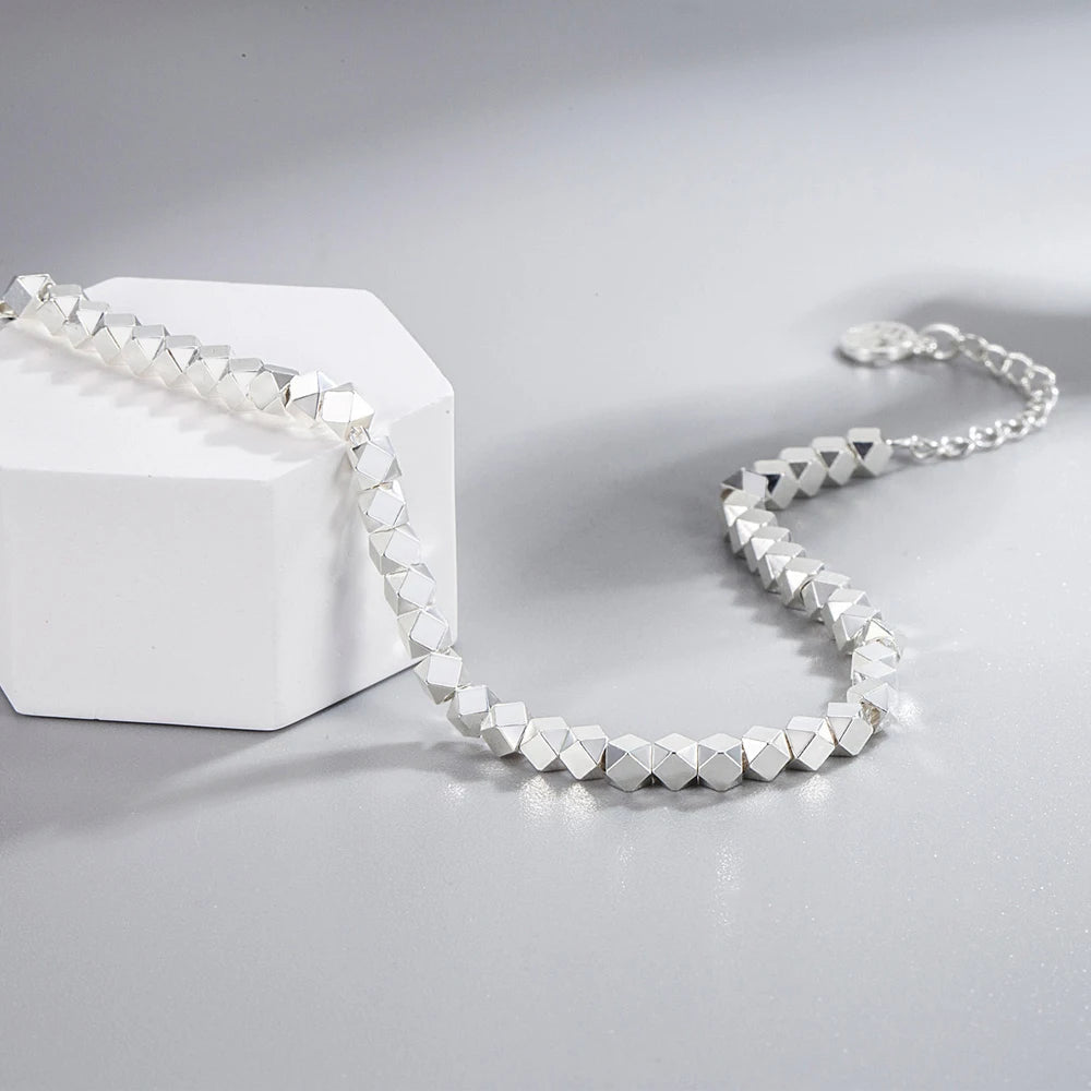 925 Sterling Silver Geometric Irregular Bead Chain Bracelet – Elegant Charm Jewelry for Women’s Party or Wedding Look