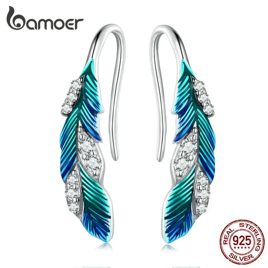 925 Sterling Silver Blue Feather Drop Earrings with CZ – Elegant Gift for Women