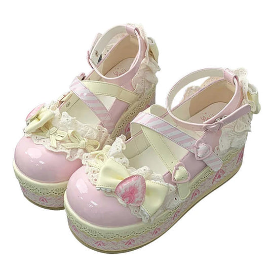 Sweet Lolita Platform Mary Jane Shoes – Strawberry Bow Lace Flats for Girls and Students