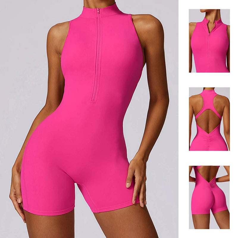 V-Back Scrunch Sports Jumpsuit for Women – Sleeveless Zipper One-Piece Gym Romper for Yoga & Fitness