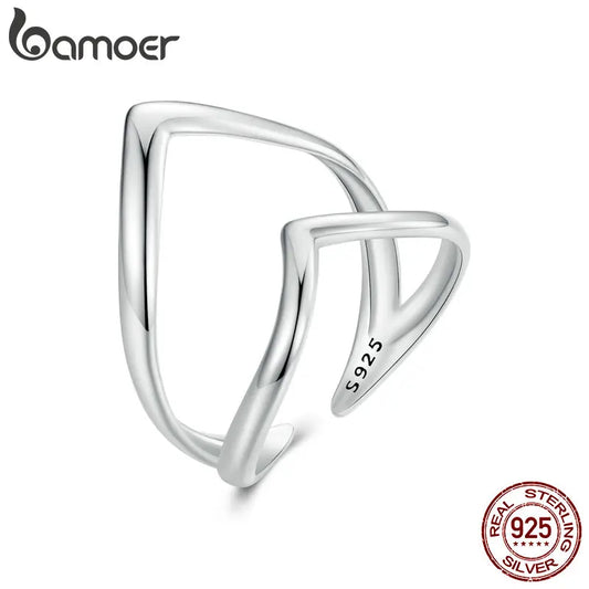 Adjustable V-Shaped Double Layer Ring in 925 Sterling Silver – Trendy Punk-Inspired Cocktail Ring for Women