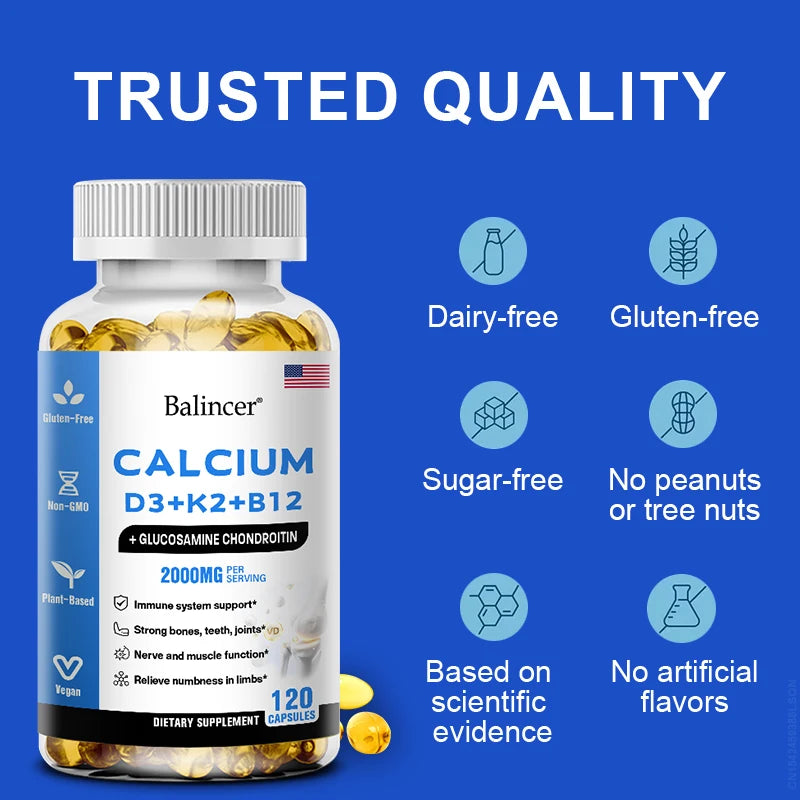 Calcium Supplement with Vitamins D3, K2 & B12 Plus Glucosamine Chondroitin – Bone, Teeth & Muscle Health Support – 120 Capsules