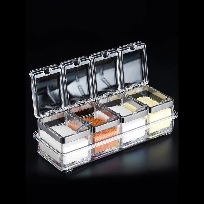 Clear Seasoning Box Set – 4 Crystal Spice Containers with Lids & Spoons, Compact Organizer for Kitchen or Camping
