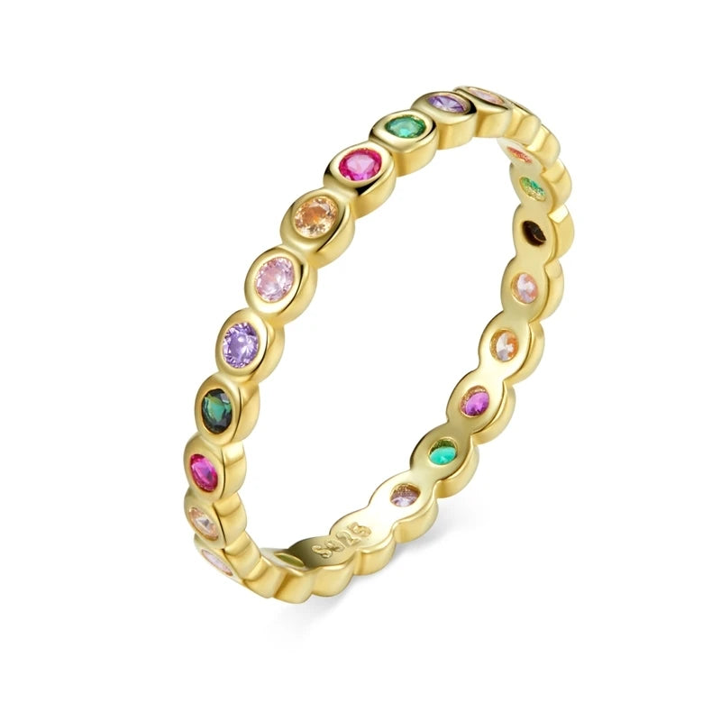 925 Sterling Silver Rainbow Zircon Ring – Dazzling Multicolor CZ Band for Women