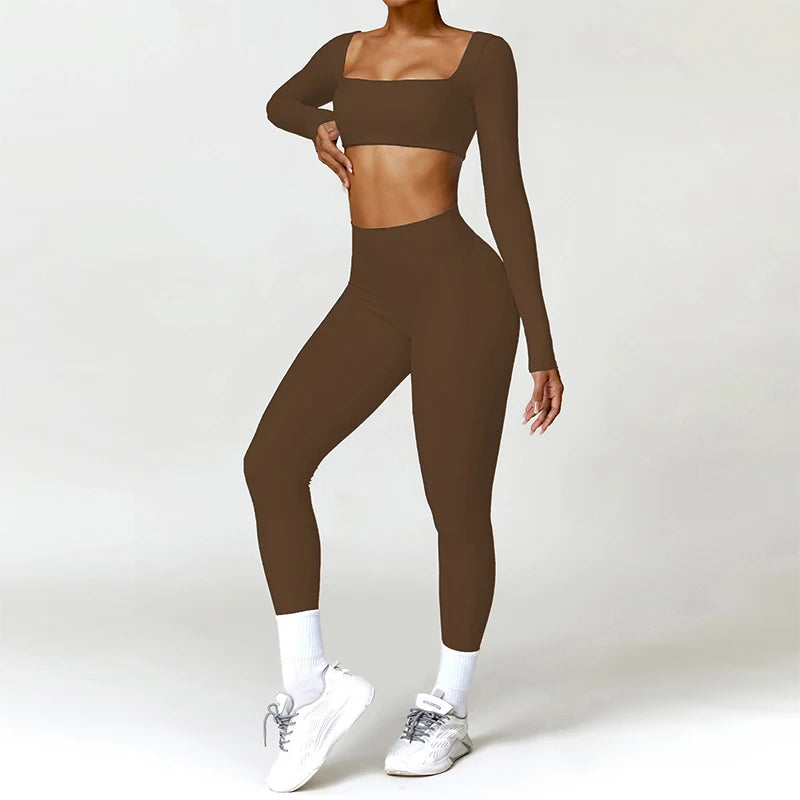 2PCS Quick-Dry Yoga Workout Set – Long Sleeve Top & High Waist Leggings for Women