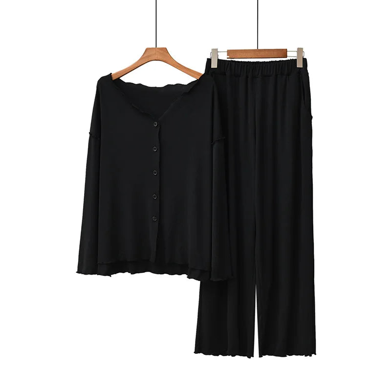 Women's 2-Piece Knit Pajama Set – Long Sleeve V-Neck Cardigan and Pants Loungewear for Winter and Spring Comfort