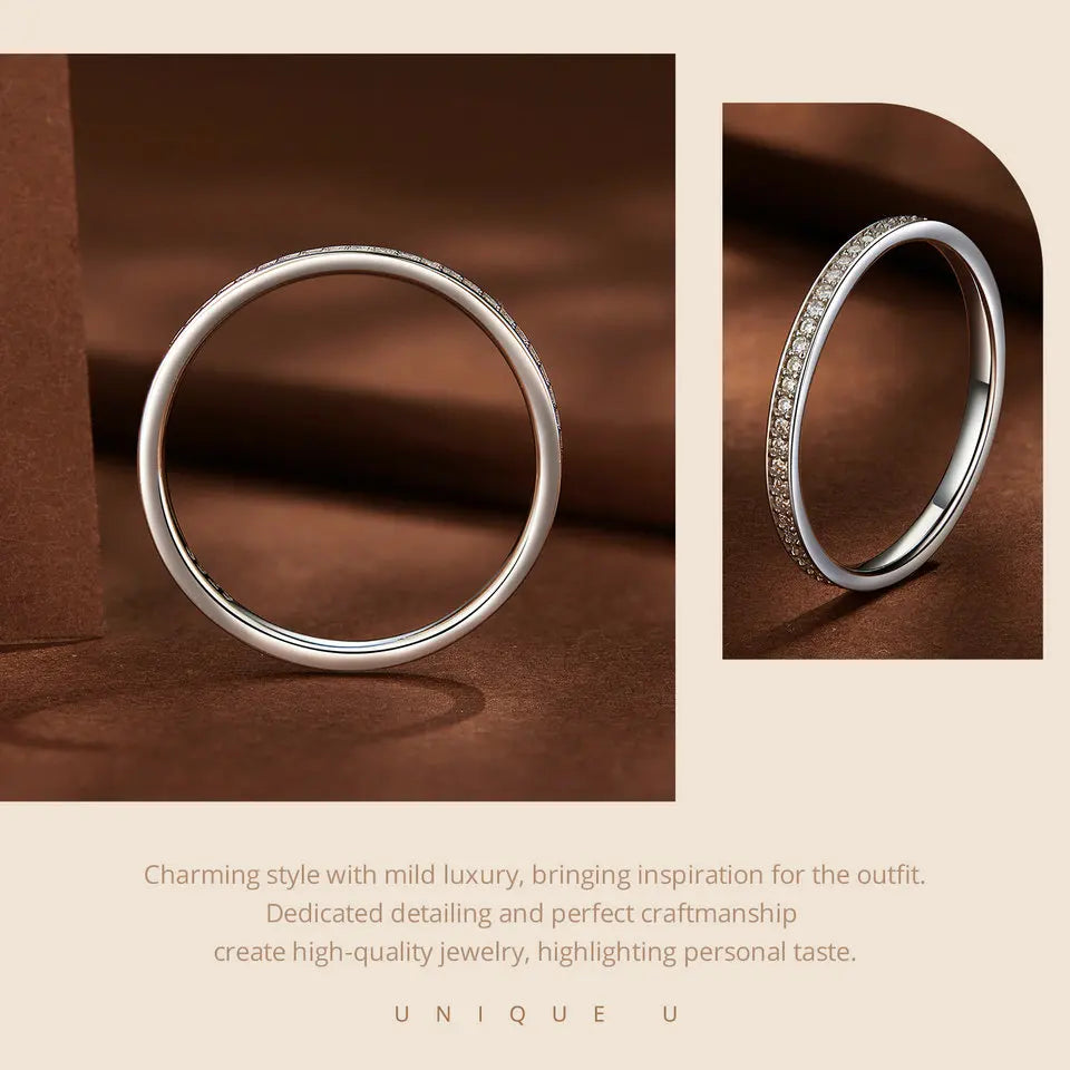 Sterling Silver Moissanite Eternity Wedding Band – Platinum Plated Stackable Ring for Women