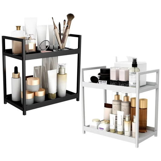 2-Tier Sliding Under Sink Organizer – Double-Layer Cabinet Basket Rack with Hooks and Hanging Cup for Kitchen or Bathroom