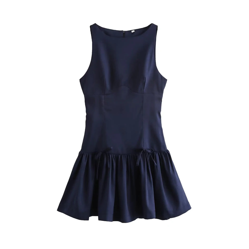 Chic Ruffled Mini Dress with Bows – Sleeveless O-Neck Casual A-Line Dress for Women