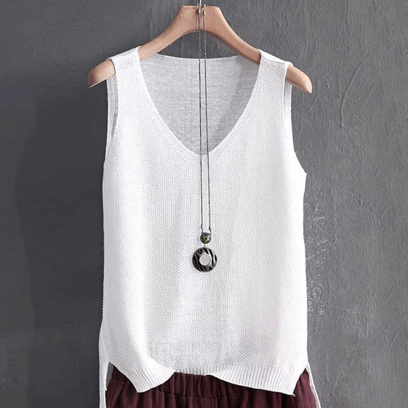 Sleeveless Knitted V-Neck Blouse for Women – Summer Casual Straight-Fit Top
