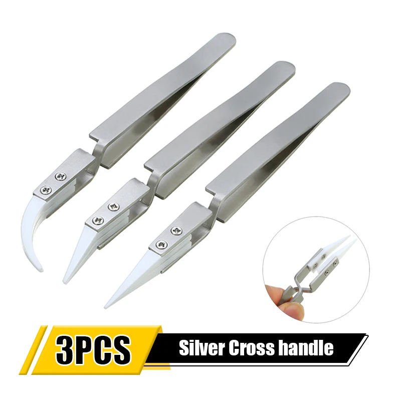 1/3pcs Ceramic Tip Stainless Steel Tweezers Set – Anti-Static Heat & Acid Resistant Soldering Tools