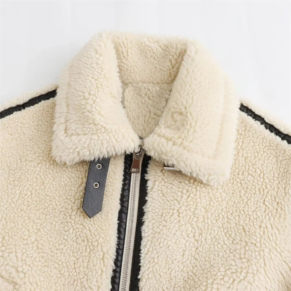 Women's Faux Fur Motorcycle Jacket – European Style Zip Coat with Fur Detailing