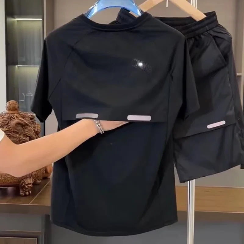 Summer Men's Ice Silk Two-Piece Set – Breathable Perforated Short Sleeve Top and Quick-Dry Shorts for Sports and Leisure