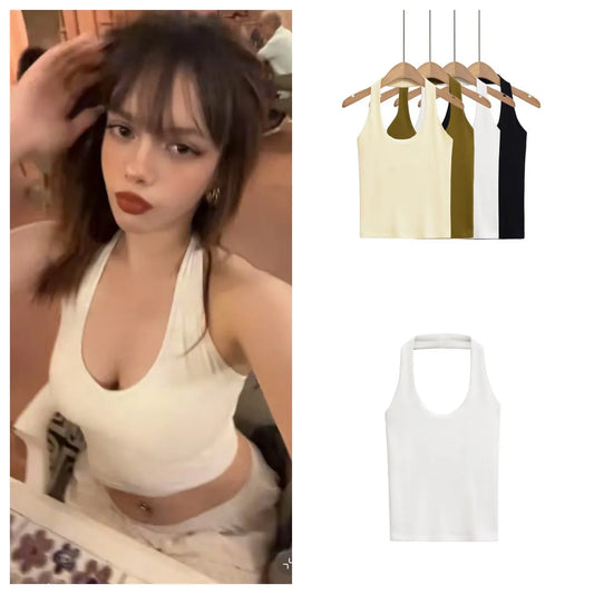 Slim Fit Stretch Backless Halter Top – Sexy Solid Color Neck-Hang Summer Tank for Women