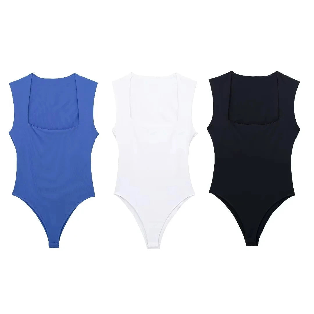 Square Neck Sleeveless Bodysuit – Skinny Fit One-Piece for Women, Solid Color Streetwear Style