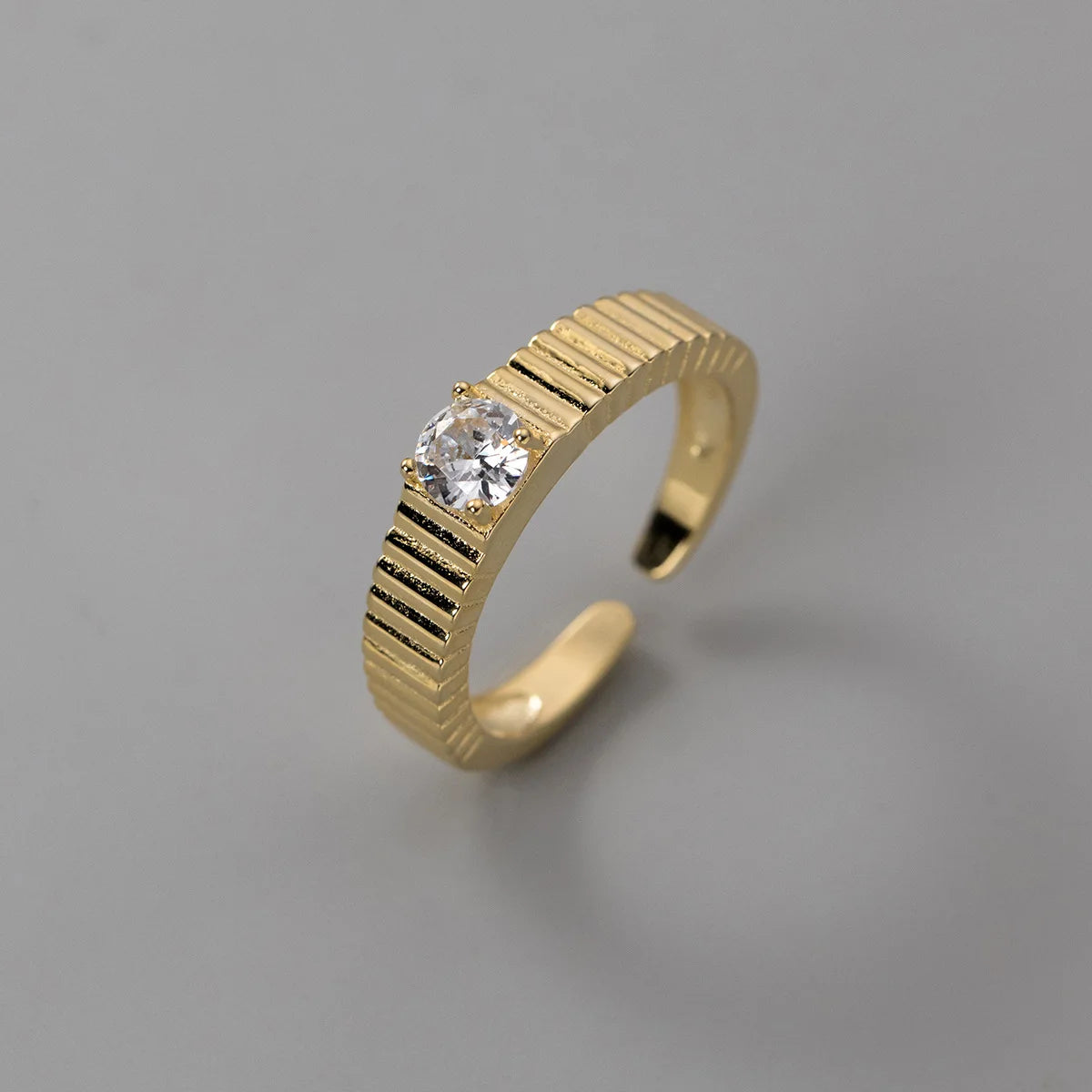 925 Sterling Silver Stripe Zircon Open Ring – Classic Adjustable Cocktail Jewelry for Women