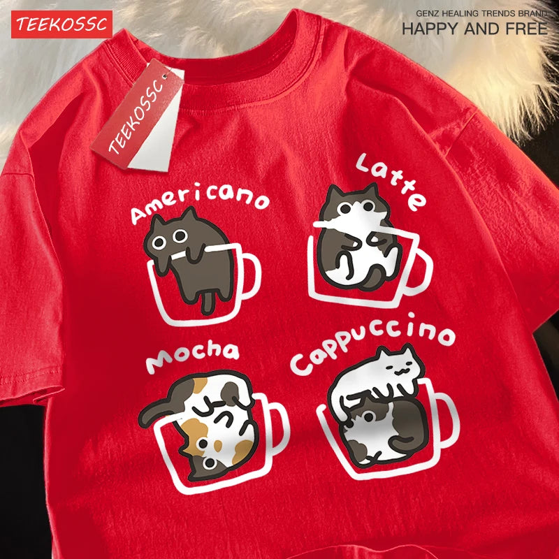 Cat Coffee Cotton T-Shirt – Fun Mocha Latte Print, Loose Fit Summer Tee for Men and Women