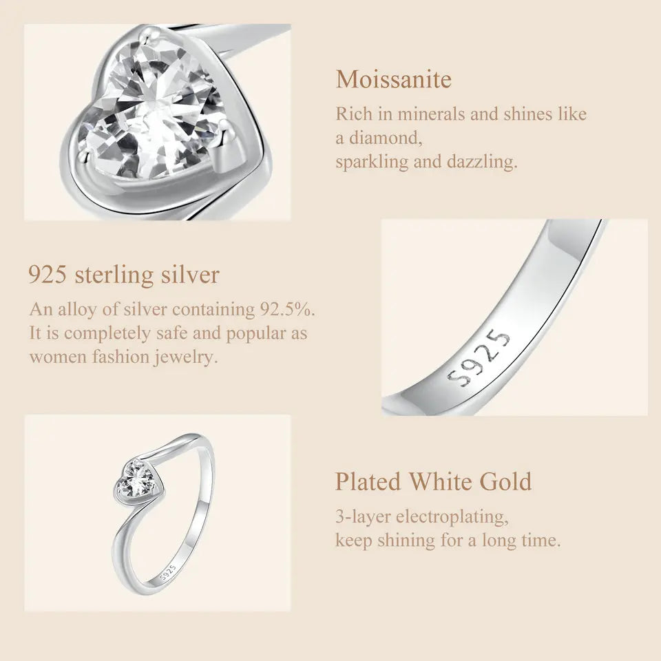 0.3 Carat Heart-Shaped Moissanite Engagement Ring – White Gold Plated 925 Sterling Silver VVS1 Solitaire Band for Women